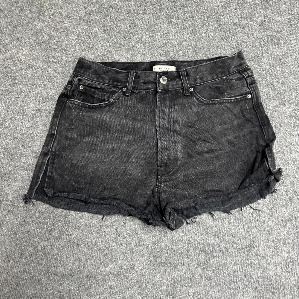 Forever 21 Denim Shorts Womens 29 Black High Waisted Raw Hem Side Slit Casual